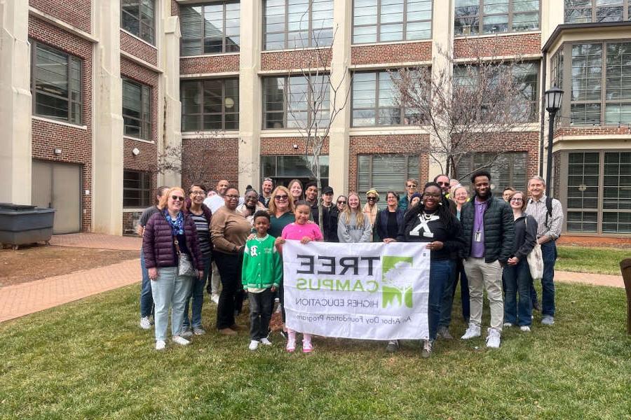 group gathering behind tree planting for Georgia Arbor Day